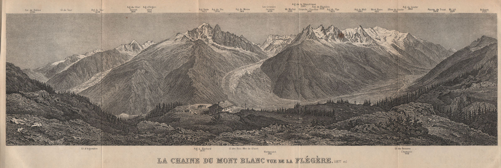 PANORAMA. MONT BLANC MASSIF from FLEGÈRE 1806m. Chamonix. Haute-Savoie 1907 map
